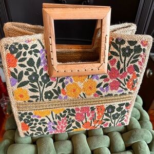 Antik Craft Floral Embroidered Tote Bag purse with Wooden Handles